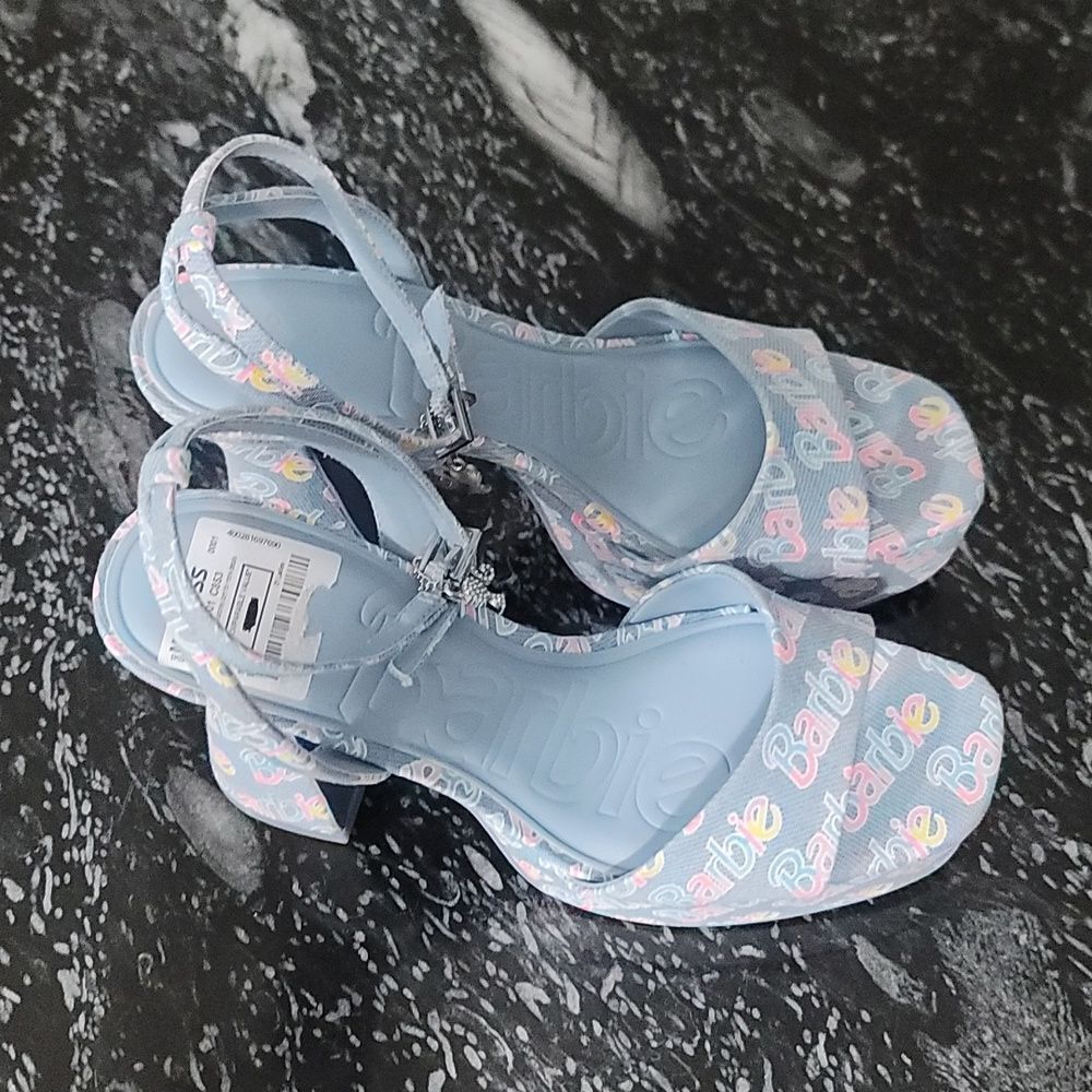 BRAND NEW ALDO BARBIE PARTY PRINTED  DENIM STRAPPY PLATFORM HEELED PLATF… G1 - Picture 9 of 16
